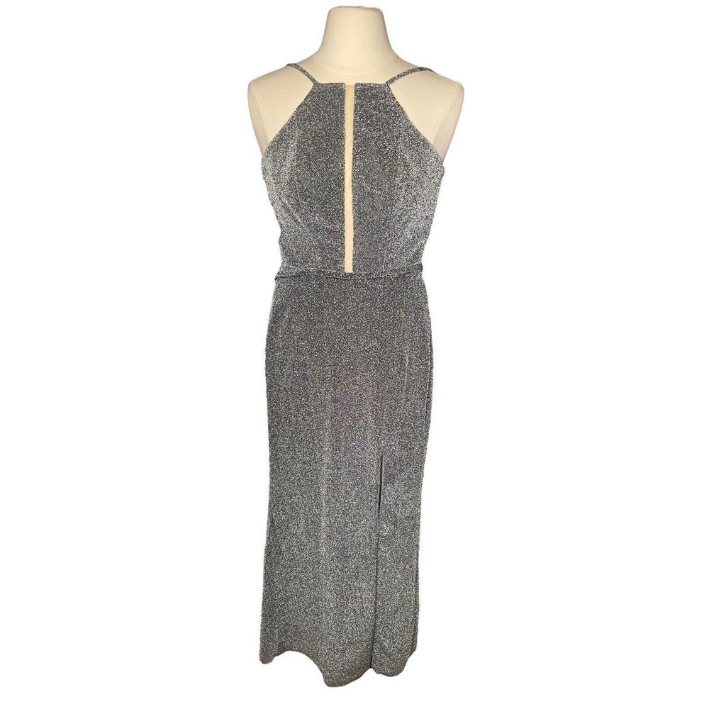 La Femme Metallic Shimmery Formal Gown High Slit Low Back Silver 0 Sexy HoCo - Picture 7 of 7